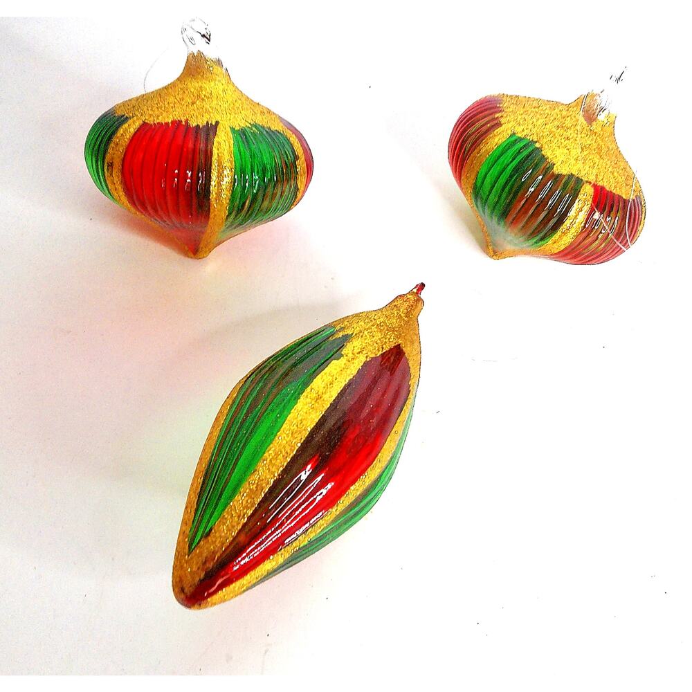 Vintage Glass Christmas Tree Ornaments Set of 3 Multicolor Stripes & Glitter